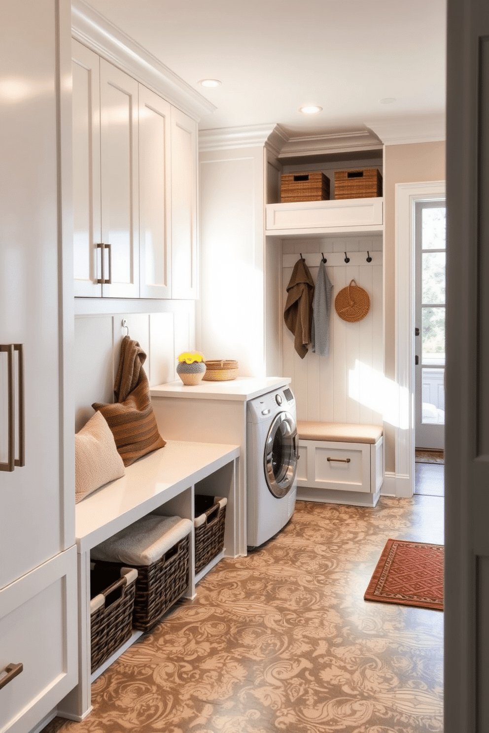 Integrated laundry area with cabinets. The space features sleek, modern cabinetry in a soft white finish, providing ample storage for laundry essentials. A large countertop extends above the washer and dryer, allowing for folding and sorting, while stylish baskets are neatly arranged underneath for organization. Mudroom near kitchen design ideas. This functional area includes built-in benches with plush cushions and hooks for coats, creating a welcoming entryway. The flooring is a durable, patterned tile that complements the adjacent kitchen, while a large window allows natural light to fill the space, enhancing its inviting atmosphere.