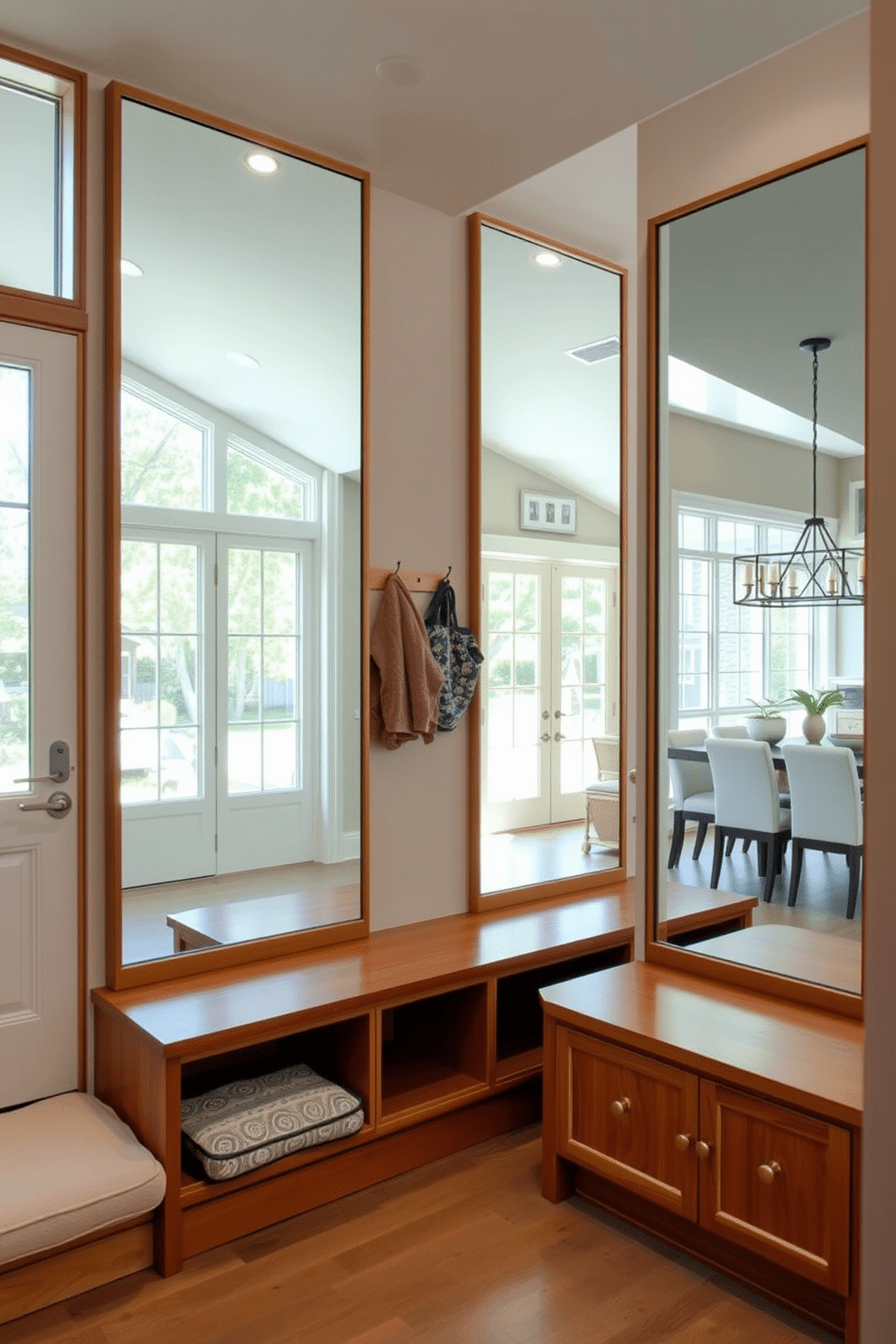 A spacious mudroom near the kitchen features large mirrors that reflect natural light, creating an airy and inviting atmosphere. The design includes built-in storage benches and hooks, with a color palette of soft neutrals and warm wood accents to complement the adjoining kitchen.