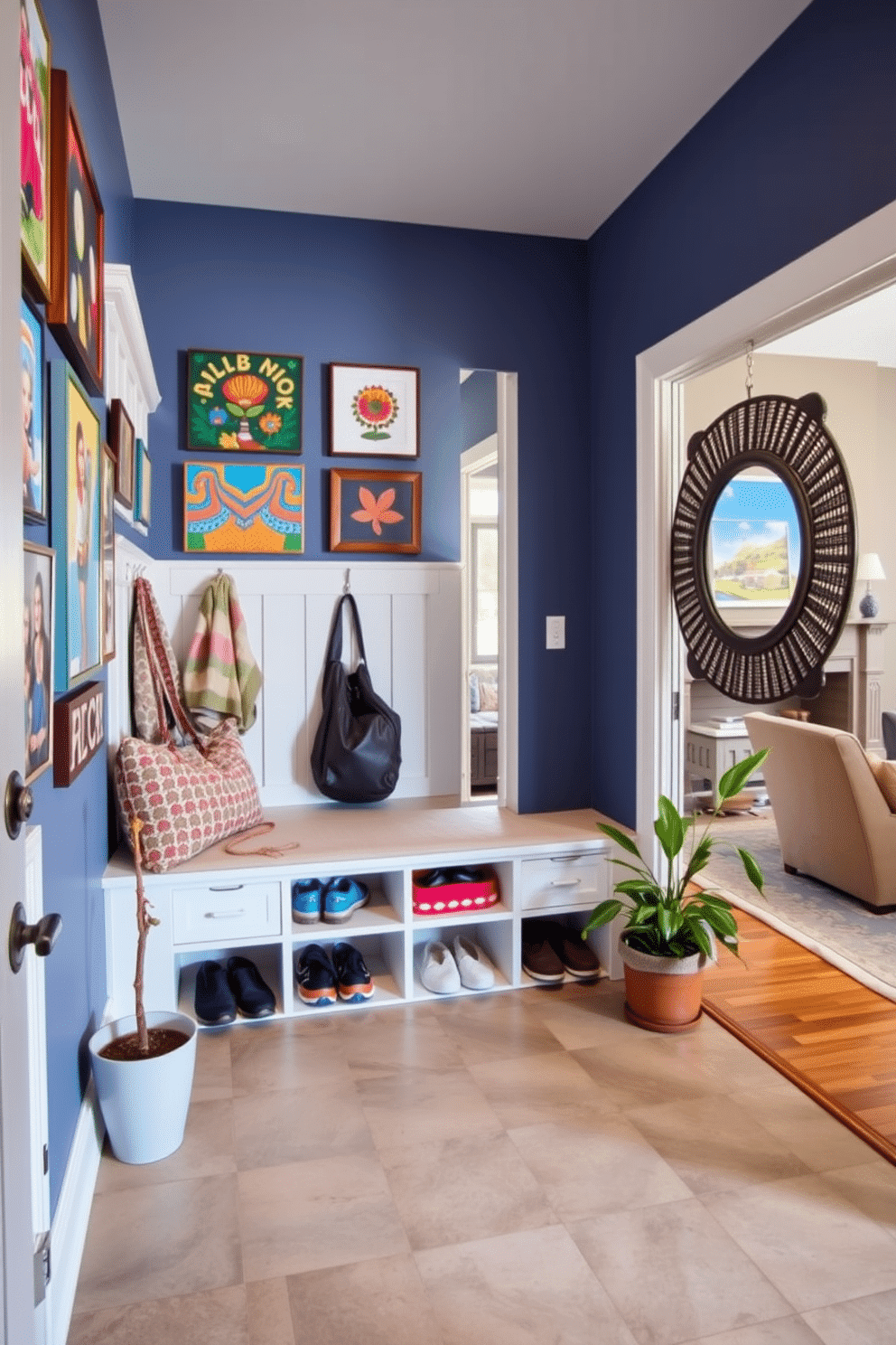 A vibrant mudroom adjacent to the living room features a built-in bench with plush cushions and storage cubbies above for shoes and bags. The walls are adorned with colorful wall art that reflects personal interests, creating a welcoming and functional entryway. The flooring is a durable tile that complements the living room's hardwood, while a large, decorative mirror enhances the sense of space. Potted plants are placed near the entrance, adding a touch of greenery and warmth to the area.