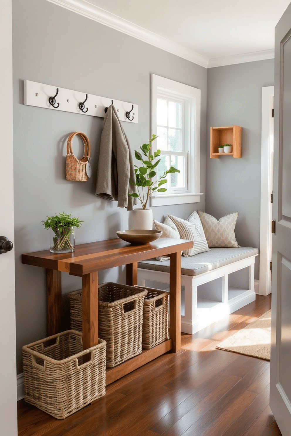 A cozy mudroom adjacent to the living room features a small, stylish table designed for dropping off items. The table is made of reclaimed wood, complemented by a pair of woven baskets underneath for storage, and a decorative bowl on top for keys and small belongings. The walls are painted a soft gray, accented with hooks for coats and a bench with plush cushions. Natural light floods the space through a nearby window, enhancing the inviting atmosphere with a touch of greenery from potted plants.