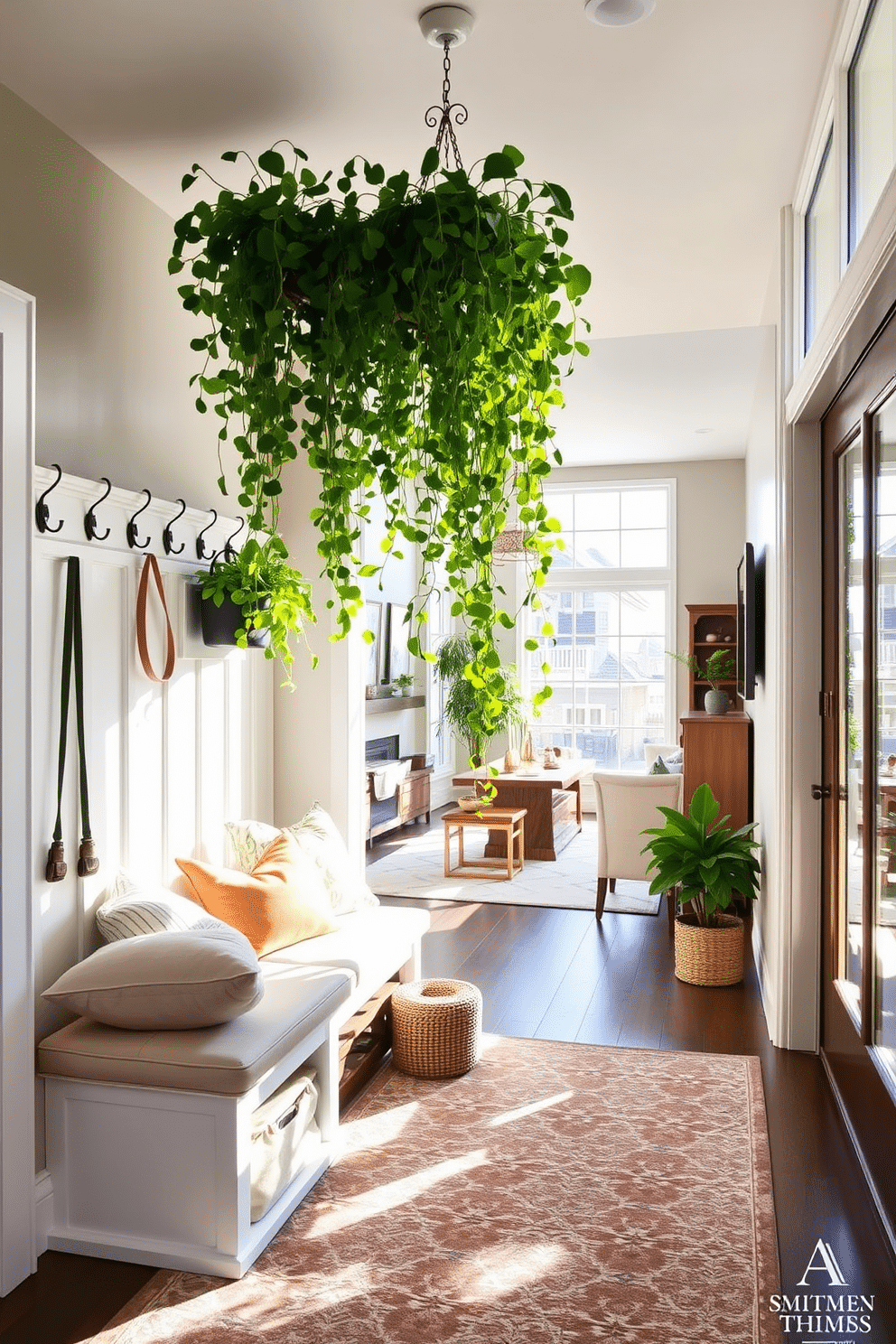 A stylish mudroom seamlessly connects to the living room, featuring a built-in bench with plush cushions and hooks for coats above. The walls are adorned with a soft, neutral paint, and a patterned area rug adds warmth to the space. Lush hanging plants cascade from the ceiling, bringing a fresh and vibrant touch to the room. Sunlight filters through large windows, illuminating the greenery and creating an inviting atmosphere.