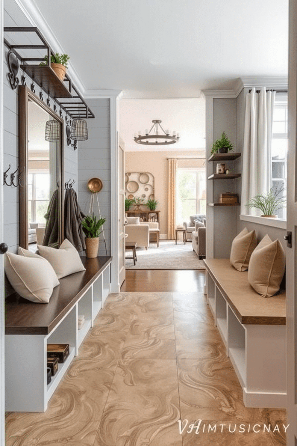 A stylish mudroom adjacent to the living room features a spacious layout with a large, full-length mirror that reflects natural light, enhancing the sense of openness. The walls are adorned with shiplap in a soft gray hue, and the floor is finished with durable, patterned tiles that add a touch of elegance. Functional built-in storage benches with plush cushions line one side, providing ample seating and storage for shoes and outdoor gear. Decorative hooks and shelves above the bench are artfully arranged with plants and baskets, creating a warm and inviting atmosphere.