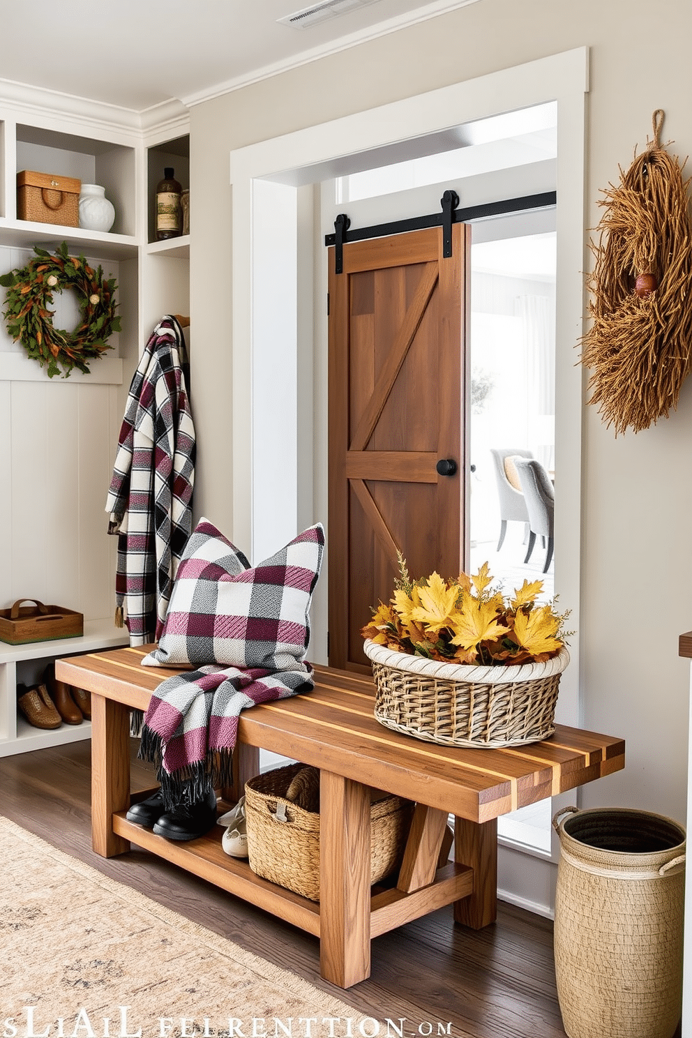 Seasonal decor for a welcoming vibe. The entrance features a rustic wooden bench adorned with a cozy plaid throw and a basket of seasonal pillows. Mudroom near living room design ideas. The mudroom includes built-in cubbies for shoes and coats, with a sliding barn door that connects seamlessly to the stylish living room beyond.