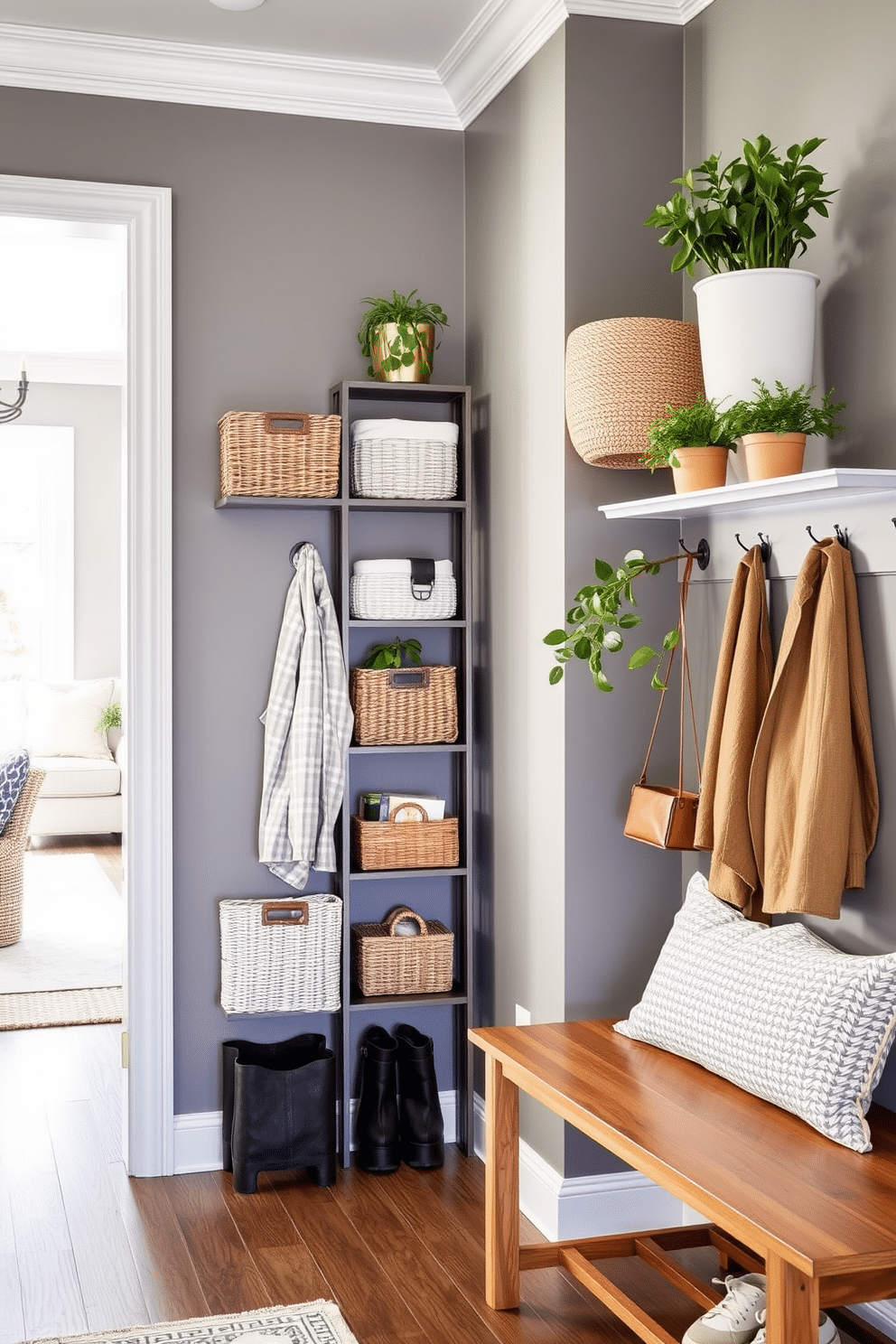 A stylish mudroom adjacent to the living room features a sleek ladder shelf for added storage, showcasing a mix of decorative baskets and potted plants. The walls are painted in a soft gray, complemented by a warm wood bench and hooks for coats, creating an inviting and functional entryway.