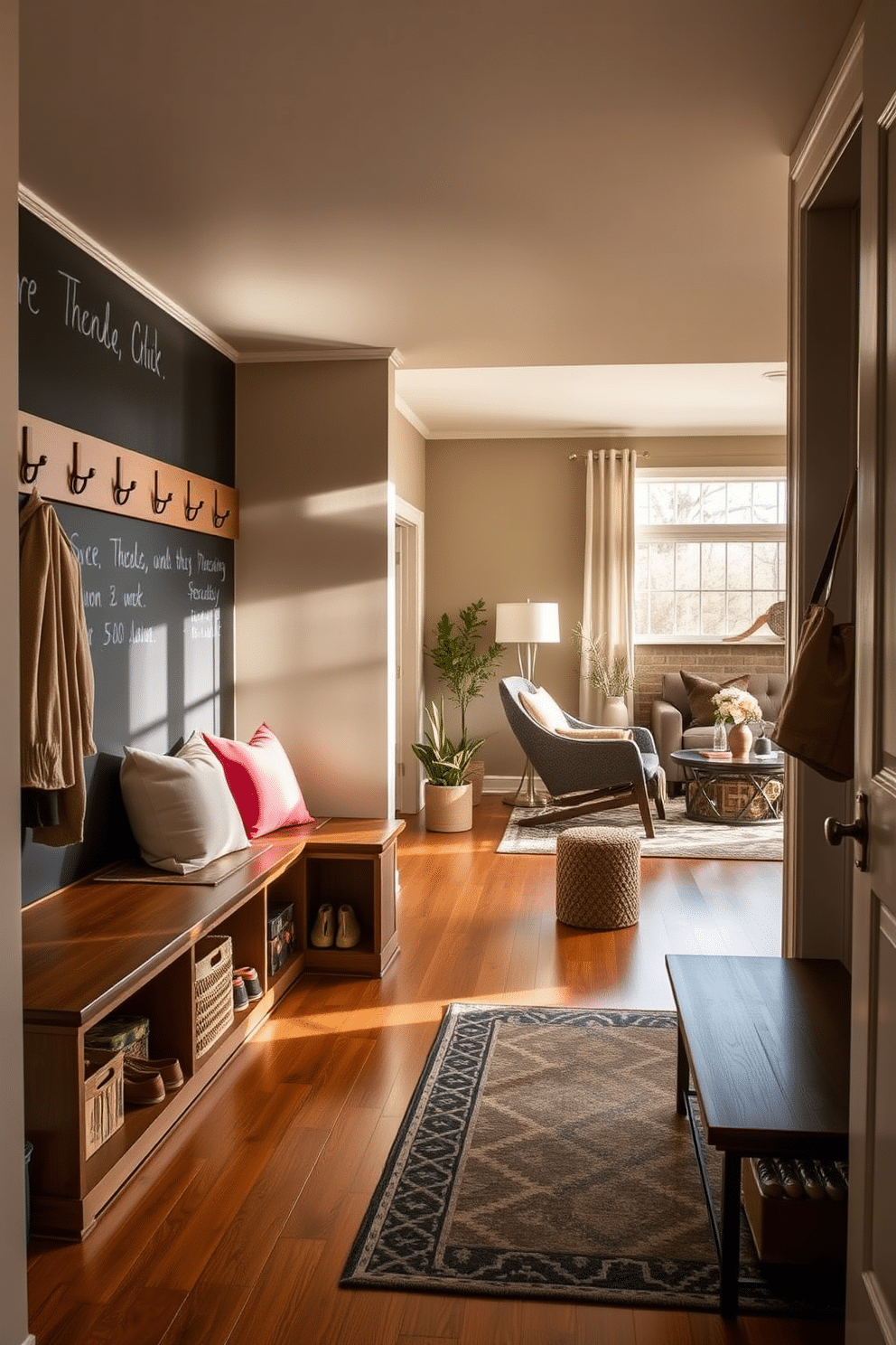 A stylish mudroom adjacent to the living room features a chalkboard wall, perfect for jotting down messages and reminders. The space includes built-in benches with plush cushions, storage cubbies for shoes, and hooks for coats, all designed in a warm, inviting color palette. Natural light floods the area through a large window, highlighting the textured wall and the beautiful wood flooring. Decorative elements like potted plants and a stylish rug add a cozy touch, creating a seamless transition between the mudroom and the living room.