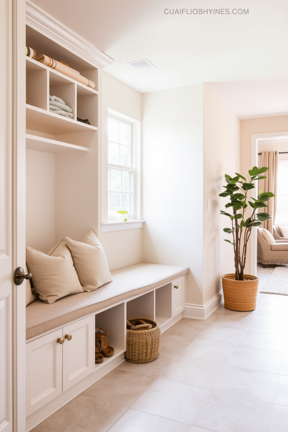 A serene mudroom adjacent to the living room, featuring soft beige walls and a light gray tiled floor that enhances the calming ambiance. The space includes a built-in bench with neutral cushions, flanked by open shelves for shoes and bags, creating a functional yet stylish entryway. Natural light floods the room through a large window, illuminating a decorative potted plant in the corner. A woven basket sits underneath the bench, adding texture and warmth to the overall design.