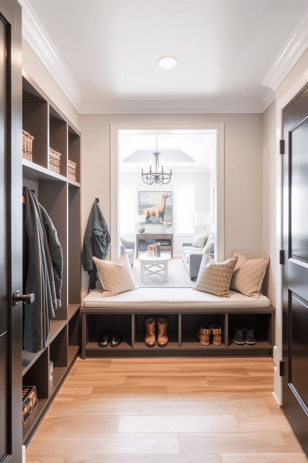 A functional mudroom design seamlessly connects to the living room, featuring open shelving for easy access to everyday items. The space includes a built-in bench with cushions, providing a cozy spot to sit while removing shoes, and hooks above for hanging coats and bags.