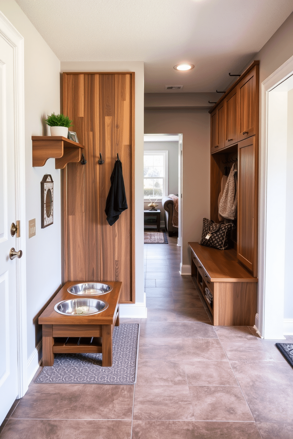 A cozy pet station designed for feeding and supplies, featuring a stylish wooden feeding stand with stainless steel bowls. The area is adorned with a decorative mat, and a wall-mounted shelf holds pet toys and supplies, complemented by a small potted plant for a touch of greenery. A functional mudroom adjacent to the living room, showcasing built-in cabinetry for storage and a bench for seating. The space is enhanced with hooks for coats and bags, and the flooring is a durable tile that contrasts with the warm wood tones of the cabinetry.