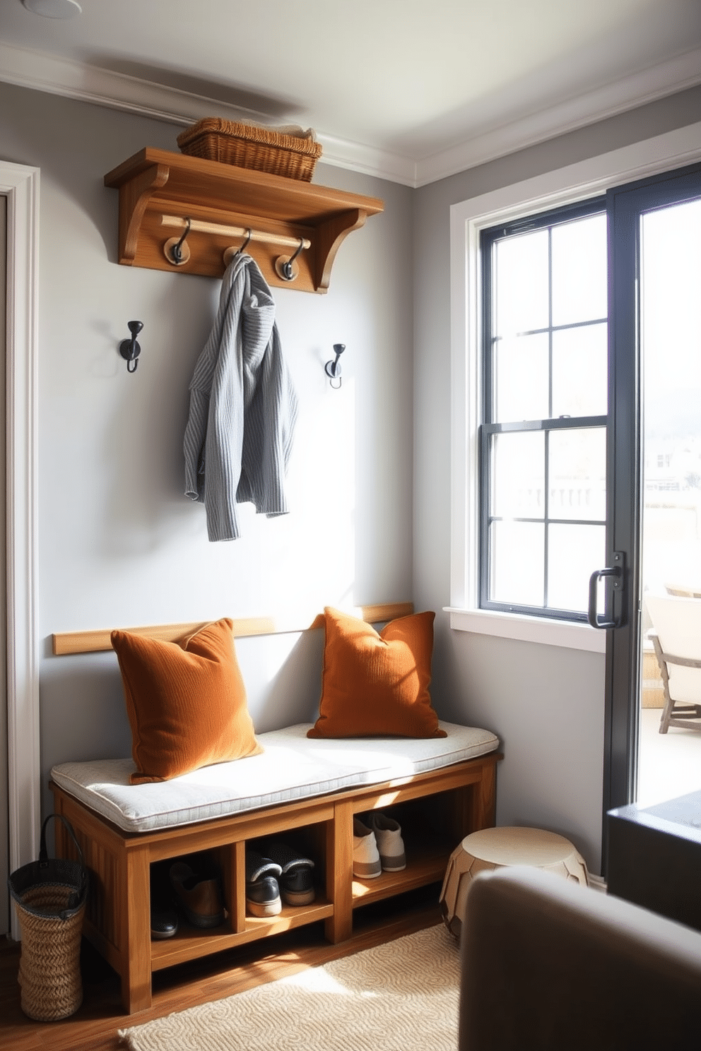 A functional mudroom bench with plush cushions is designed for comfort and practicality. The bench is situated near the living room, featuring built-in storage underneath for shoes and outdoor gear, complemented by a stylish coat rack above. Natural light floods the space through a nearby window, highlighting the warm wood tones of the bench. The walls are painted in a soft gray, creating a serene backdrop for decorative hooks and a cozy area rug beneath the bench.