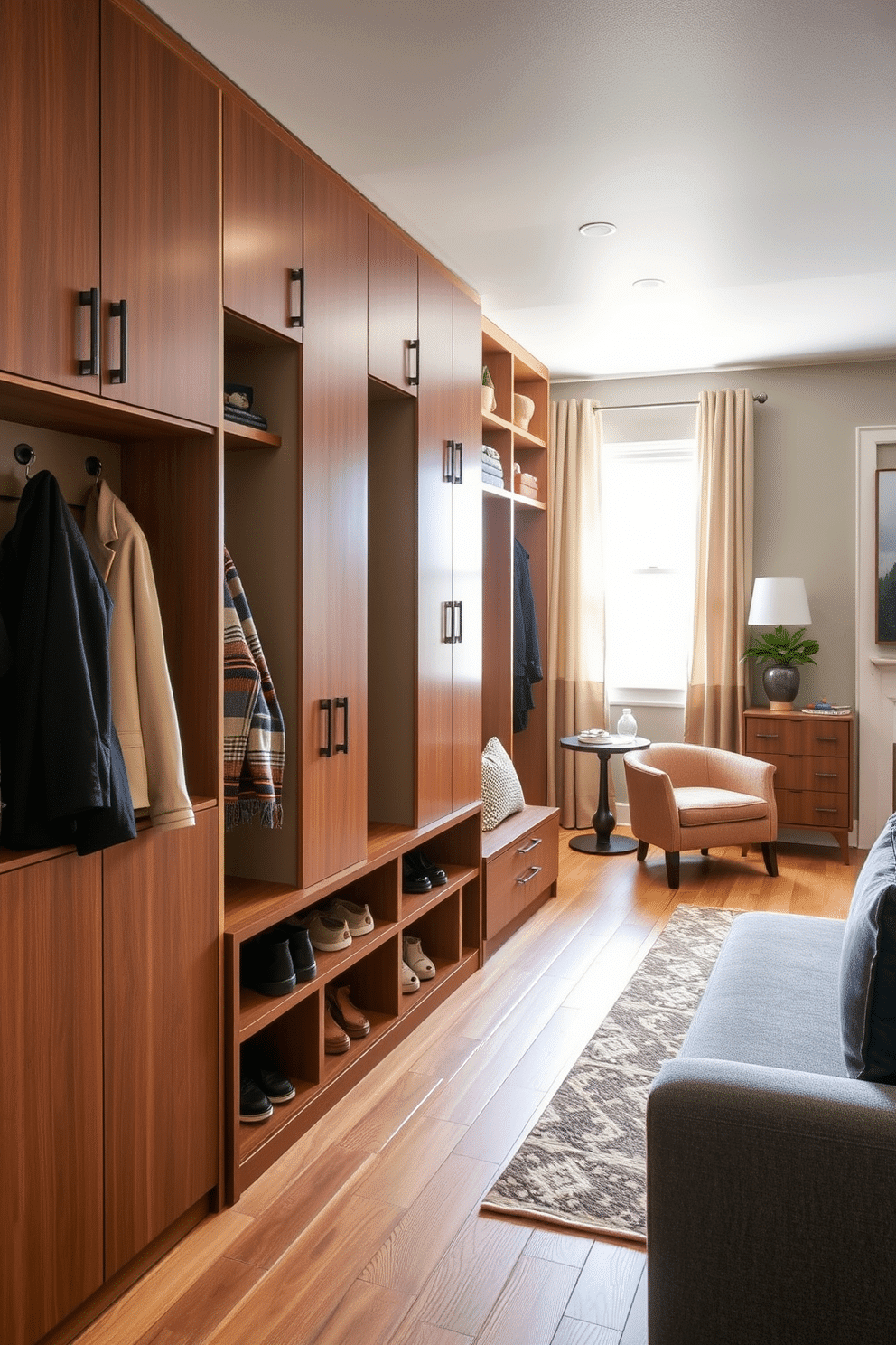 A mudroom designed for limited space, featuring vertical storage solutions that maximize functionality. The walls are lined with sleek cabinets and open shelving, providing ample space for shoes, coats, and accessories while maintaining a clean aesthetic. Adjacent to the living room, the mudroom incorporates a stylish bench with built-in storage underneath. Natural light floods the area through a nearby window, highlighting the warm wood tones and inviting color palette that seamlessly connects to the living room decor.