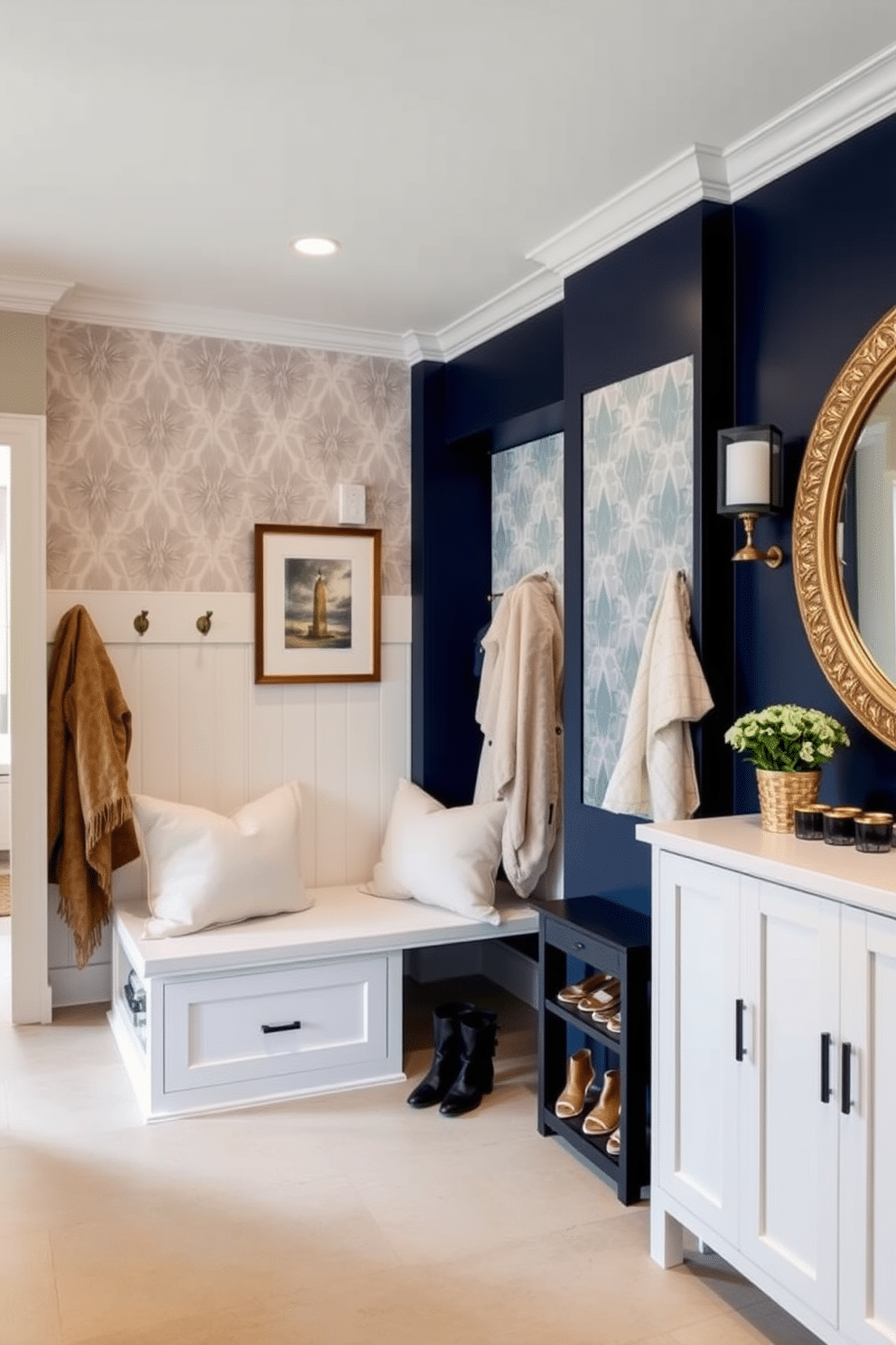 A stylish mudroom adjacent to the living room features a striking accent wall adorned with geometric wallpaper in soft pastel tones. The space includes built-in benches with plush cushions, hooks for coats, and a sleek storage cabinet for shoes, creating a functional yet inviting entryway. The accent wall is painted in a deep navy blue, providing a bold contrast to the light-colored furnishings. Decorative elements such as framed artwork and a stylish mirror enhance the overall aesthetic, making it a perfect blend of practicality and design elegance.