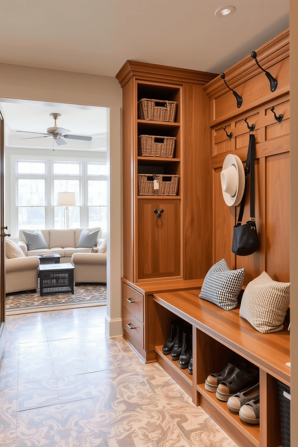 A stylish mudroom adjacent to the living room features built-in cabinetry with a warm wood finish, providing ample storage for baskets. The space is designed with a durable, patterned tile floor that complements the living room's decor, creating a seamless transition between the two areas. Baskets in various sizes are neatly arranged on the shelves, offering easy organization for shoes, hats, and outdoor gear. A bench with plush cushions invites relaxation, while hooks above provide a place for coats and bags, enhancing both functionality and aesthetic appeal.