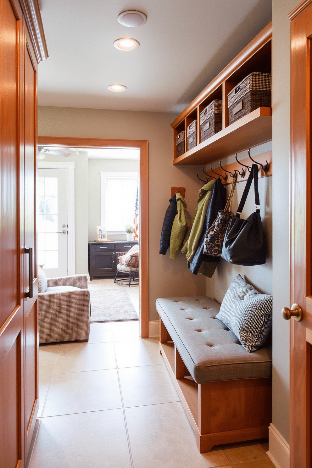 A functional mudroom near the living room features overhead storage designed for seasonal items, providing easy access and organization. The space includes built-in cabinetry with a warm wood finish, complemented by a bench upholstered in a durable fabric for seating. The walls are painted in a soft, inviting color, while hooks for coats and bags are neatly arranged above the bench. Natural light floods the area through a nearby window, enhancing the overall warmth and functionality of the design.