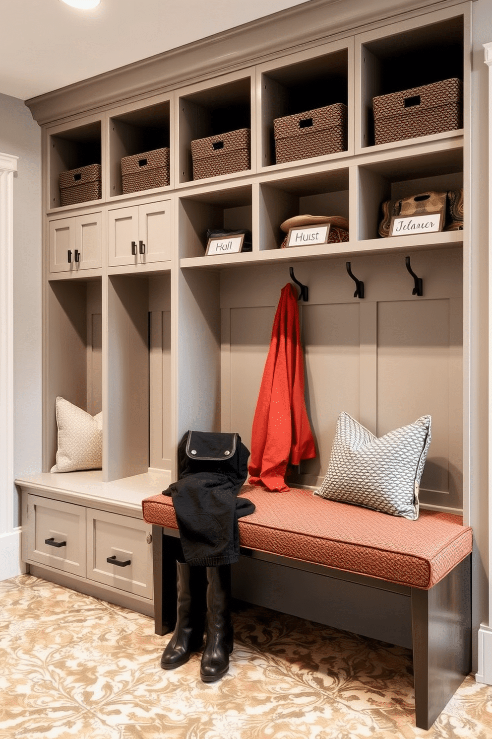 A stylish mudroom located adjacent to the living room features custom-built storage solutions for each family member, complete with personalized name tags on each cubby. The space is designed with durable materials, including a bench upholstered in a rich fabric and hooks for coats, all set against a backdrop of light gray walls and a patterned tile floor for added visual interest.