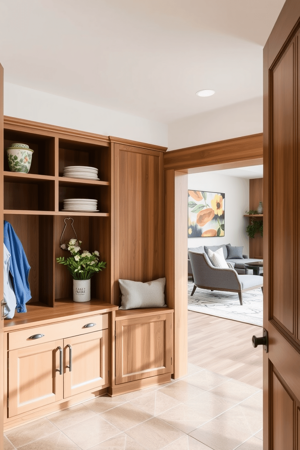 A stylish mudroom seamlessly integrated near the living room features built-in cabinetry designed for optimal organization. The cabinetry showcases a combination of open shelves for decorative storage and closed compartments for hiding away clutter, all in a warm wood finish that complements the adjacent living area.