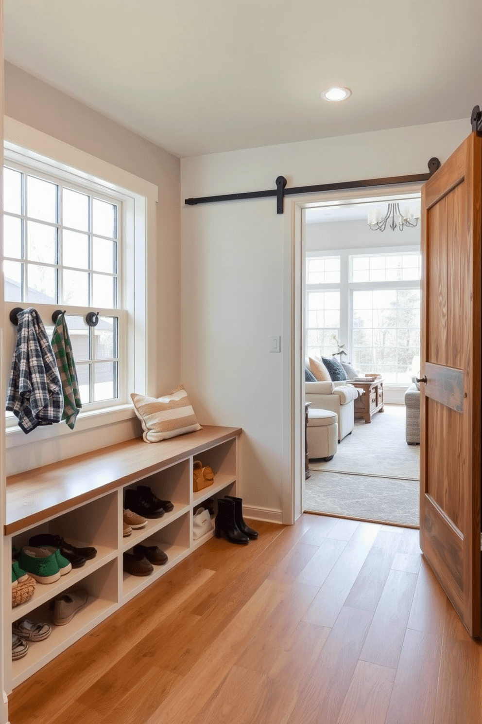 A stylish mudroom features a sliding barn door that adds rustic charm and functionality. Inside, built-in benches with storage underneath provide a convenient space for shoes and bags, while hooks on the wall keep coats organized. Adjacent to the living room, the mudroom seamlessly blends with the home's decor. Large windows allow natural light to flood the space, highlighting the warm wood tones and a cheerful color palette that invites comfort and style.