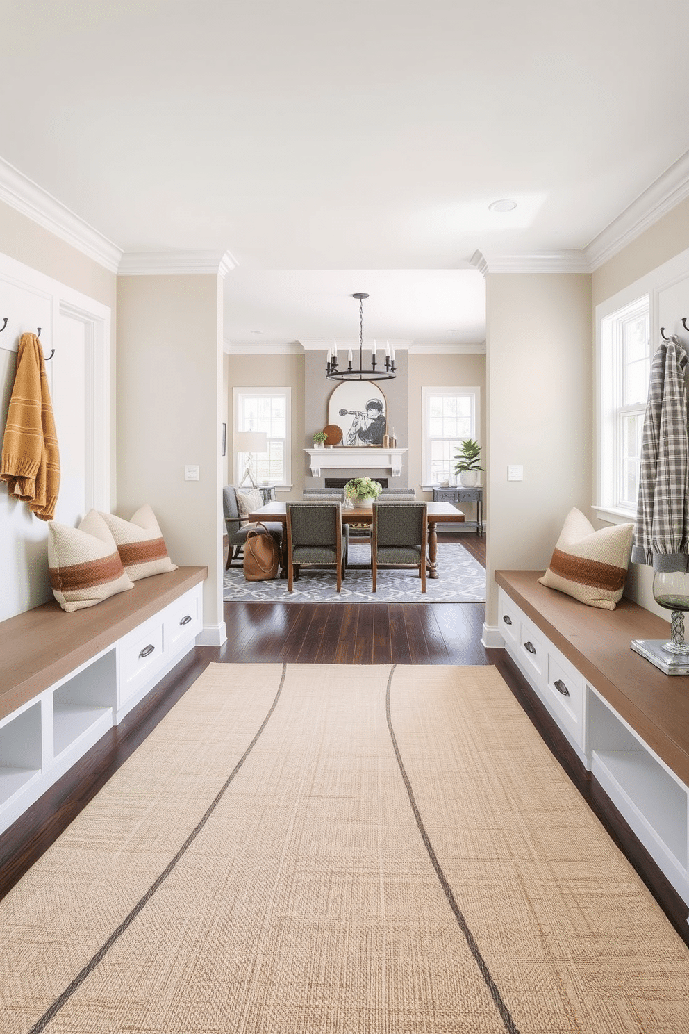 A stylish rug anchors the mudroom area, featuring a geometric pattern in soft earth tones that complements the surrounding decor. The mudroom includes built-in storage benches with plush cushions, and hooks for coats, seamlessly integrating functionality and style near the living room.