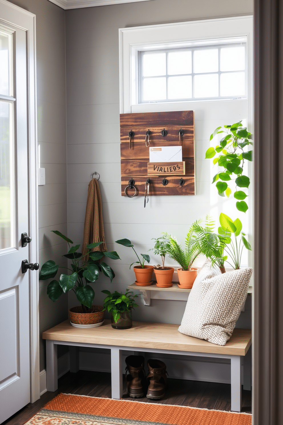 A stylish mudroom near the living room features a wall-mounted organizer designed for keys and mail. The organizer is crafted from reclaimed wood, with hooks for keys and a shelf for mail, all set against a backdrop of soft gray shiplap walls. The mudroom has a cozy bench with plush cushions, perfect for putting on shoes. Natural light floods the space through a nearby window, illuminating a collection of potted plants that add a touch of greenery.