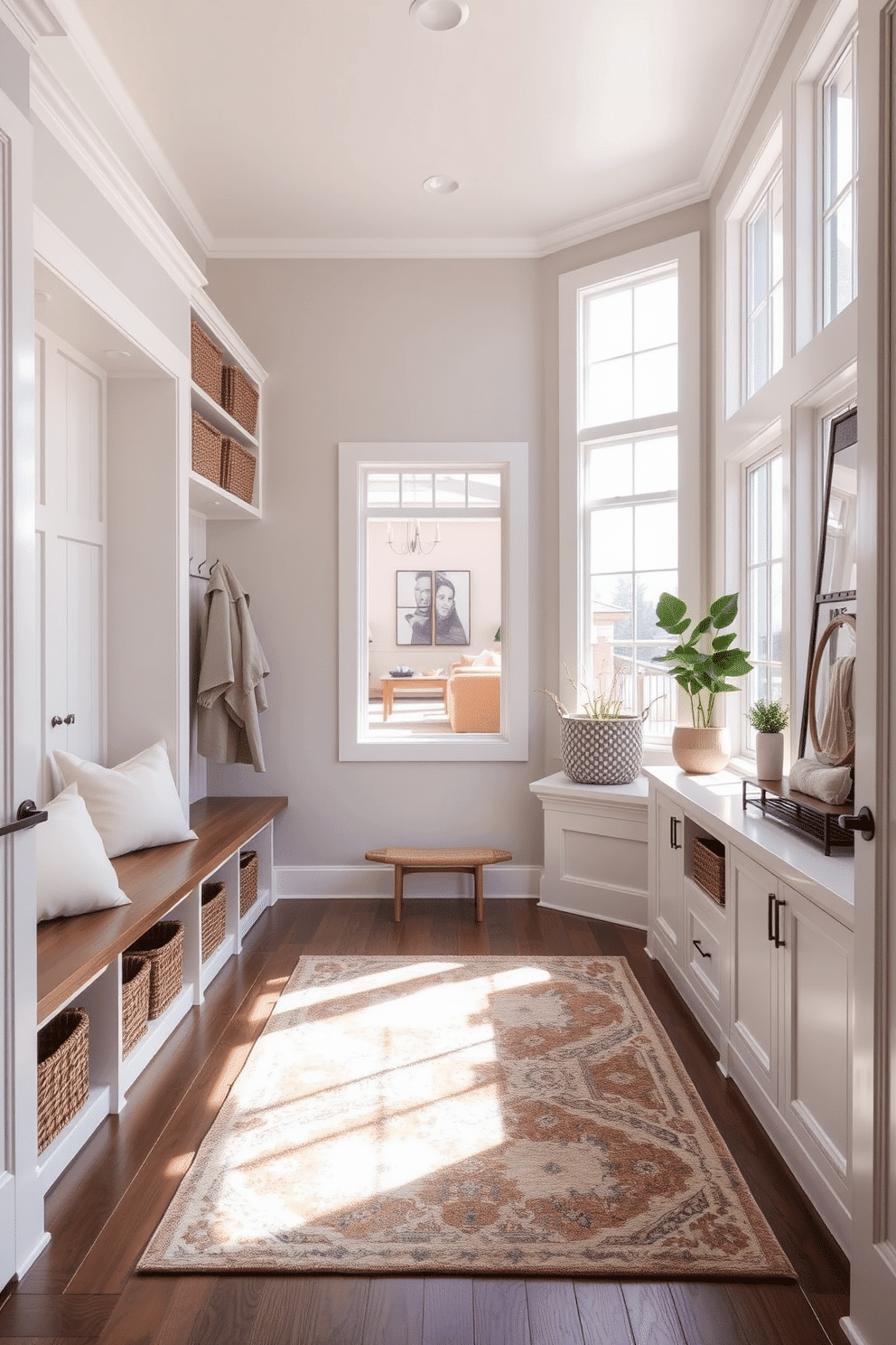 A bright and airy mudroom adjacent to the living room features ample natural light streaming through large windows. The space includes built-in benches with plush cushions, hooks for coats, and a stylish area rug that adds warmth and texture. The walls are painted in a soft, neutral tone, complemented by white trim and cabinetry. A functional storage system with baskets and shelves keeps the area organized, while decorative elements like potted plants and artwork add a personal touch.