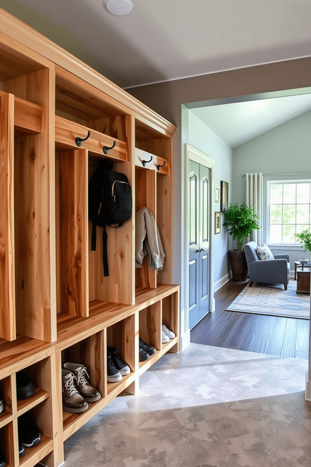 A stylish mudroom adjacent to the living room features custom-built cubbies designed for shoes and backpacks. Each cubbie is crafted from reclaimed wood, with hooks above for hanging coats, and the walls are painted a soft, inviting gray. The floor is adorned with durable, patterned tiles that complement the overall aesthetic. Natural light floods the space through a large window, creating a warm and welcoming atmosphere.