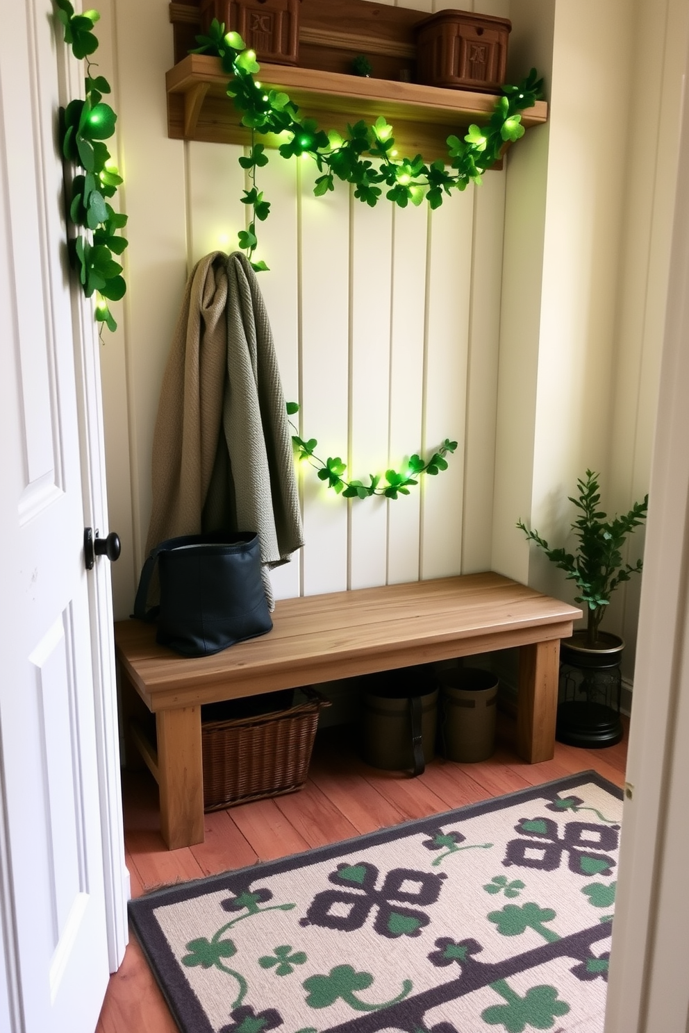 A cozy mudroom adorned with a lighted shamrock garland draped across the top of a rustic wooden bench. The walls are painted a soft cream, and the floor is covered with a durable, patterned rug that adds a festive touch for St. Patrick's Day.