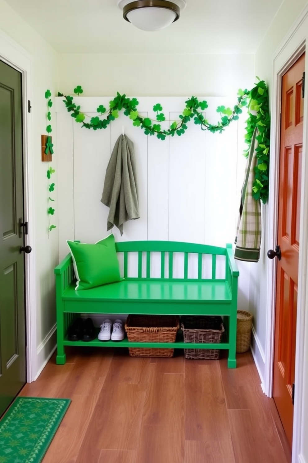 A charming mudroom featuring a green painted bench that invites guests to sit and take off their shoes. The walls are adorned with festive St. Patrick's Day decorations, including shamrock garlands and cheerful, green accents that create a welcoming atmosphere.