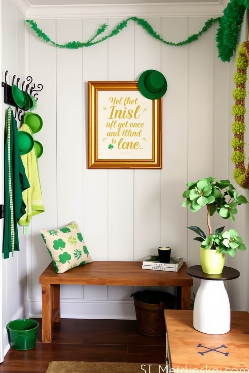 A welcoming mudroom adorned with festive St. Patrick's Day decorations. The space features a rustic bench with a gold-framed Irish quote hanging above it, surrounded by green and gold accents. On one side, a wall-mounted coat rack displays vibrant green hats and scarves. A small potted shamrock plant sits on a nearby table, adding a touch of nature to the cheerful decor.