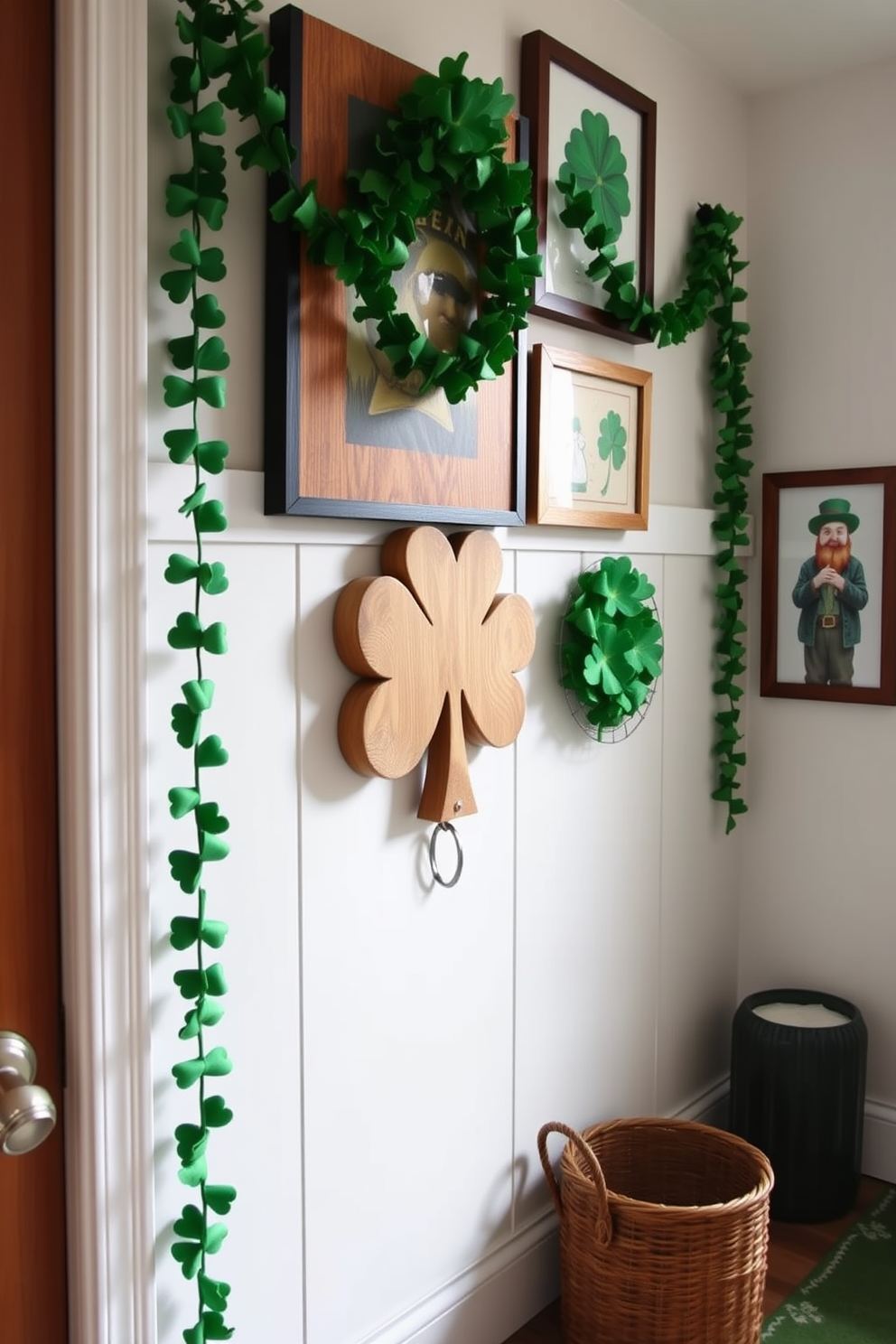 A charming mudroom featuring a shamrock-shaped key holder made of rustic wood, adding a touch of whimsy to the space. The walls are adorned with festive St. Patrick's Day decorations, including green garlands and framed prints of shamrocks and leprechauns, creating a cheerful atmosphere.