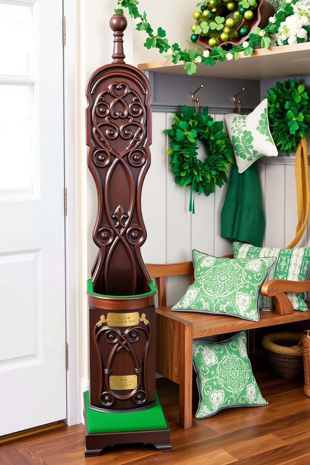 A charming Irish-themed umbrella stand is crafted from dark wood, featuring intricate Celtic carvings that celebrate the heritage of Ireland. The stand is adorned with a vibrant green felt lining at the base, and a small brass plaque engraved with a shamrock motif. In the mudroom, festive St. Patrick's Day decorations create a warm and inviting atmosphere. A garland of green and gold shamrocks hangs above a rustic bench, while a collection of green and white pillows adds a cozy touch to the space.