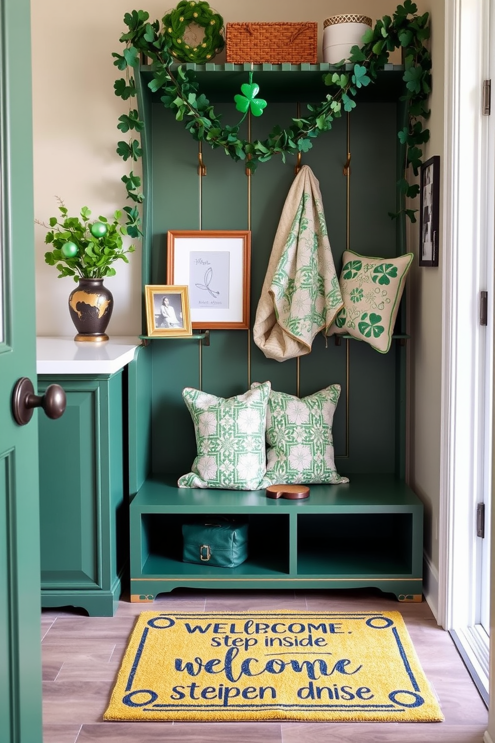 A stylish mudroom features a green and gold shoe rack that elegantly combines functionality with aesthetics. The shoe rack is adorned with decorative elements, such as a small potted plant and a framed photo, enhancing the inviting atmosphere of the space. For St. Patrick's Day, the mudroom is decorated with festive accents like shamrock garlands and green throw pillows. A cheerful welcome mat with a playful Irish saying invites guests to step inside, creating a warm and festive entryway.