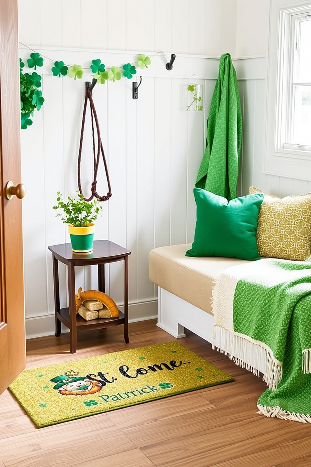 A charming St. Patrick's Day themed doormat welcomes guests with a vibrant green background adorned with playful shamrocks and a cheerful leprechaun illustration. The mat features a durable, weather-resistant material, making it perfect for the mudroom entrance while adding a festive touch to the home. In the mudroom, St. Patrick's Day decorating ideas include hanging a garland of felt shamrocks above the coat hooks and placing a small potted shamrock plant on a side table. Adding green and gold accents, such as decorative pillows and a cozy throw blanket, creates a warm and inviting atmosphere for celebrating the holiday.