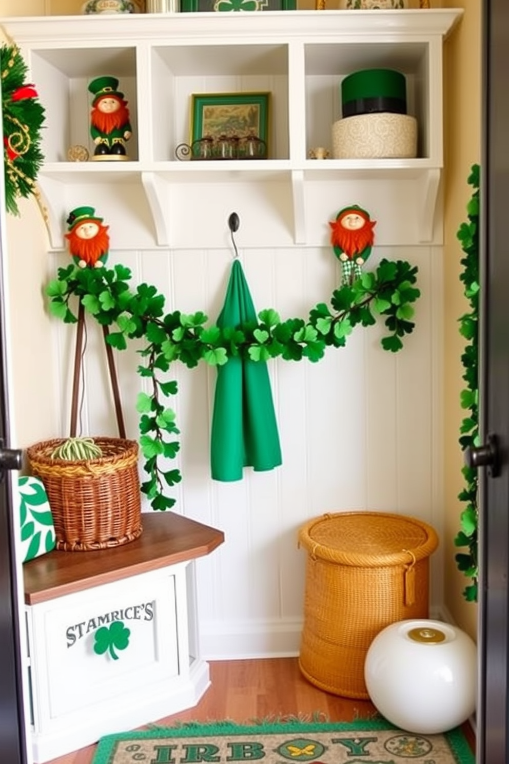 A charming mudroom decorated for St. Patrick's Day features whimsical leprechaun figurines placed strategically on shelves and hooks. The space is adorned with green and gold accents, including a festive garland of shamrocks draped across the entryway and a patterned rug that adds warmth and character.