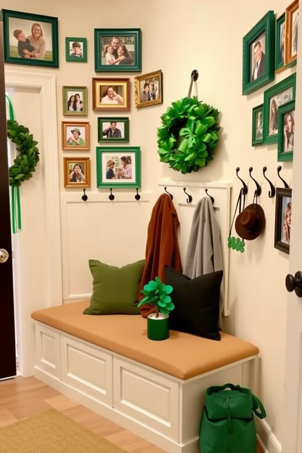 A cozy mudroom adorned with green and gold photo frames showcasing family memories. The space features a built-in bench with plush cushions, surrounded by hooks for coats and a decorative St. Patrick's Day wreath on the door. The walls are painted a soft cream, providing a warm backdrop for the vibrant green accents. A small potted shamrock plant sits on the bench, adding a festive touch to the inviting atmosphere.