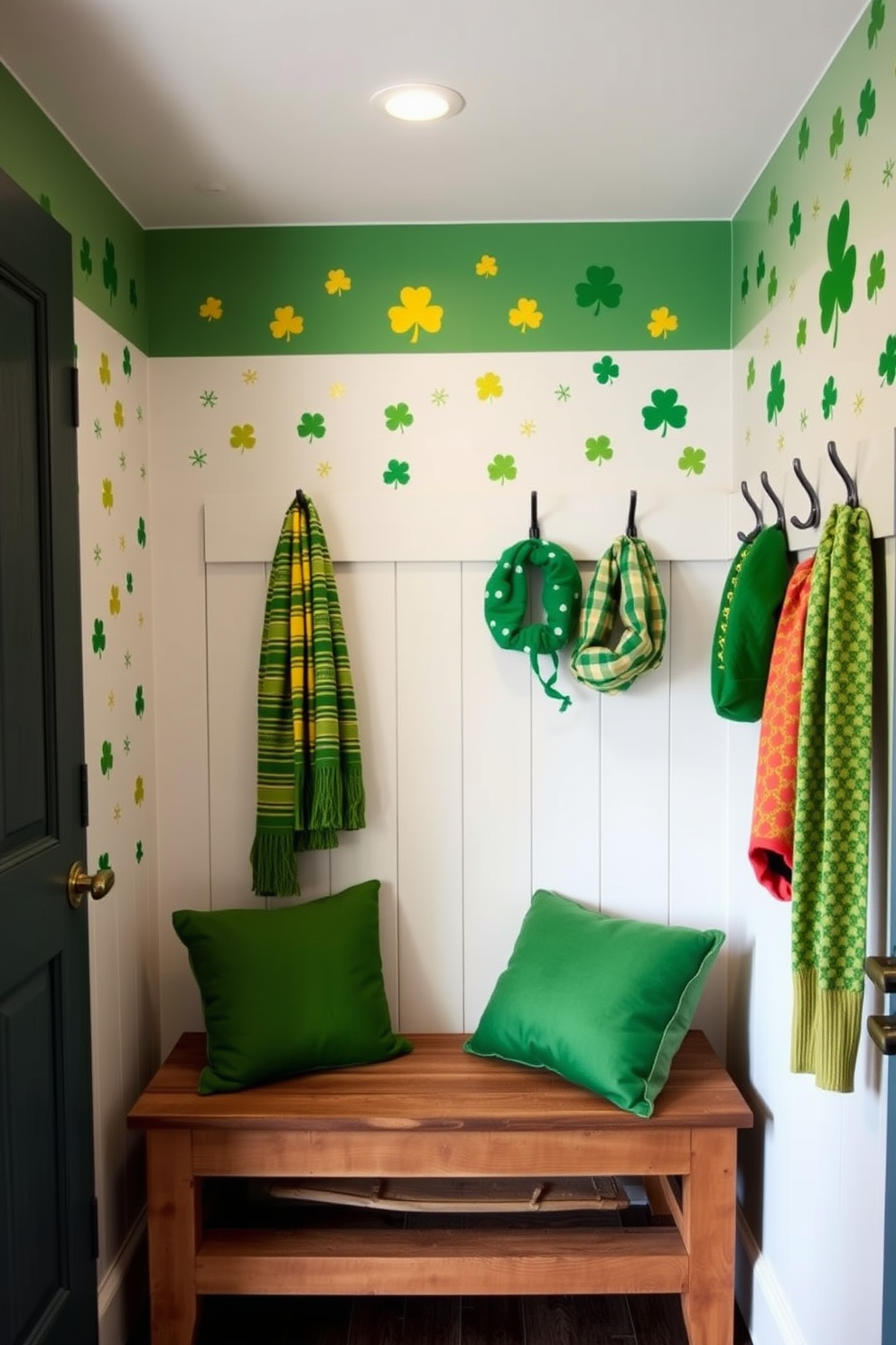 A charming mudroom adorned with gold and green wall decals that celebrate St. Patrick's Day. The decals feature playful shamrocks and festive patterns, creating a vibrant and inviting atmosphere for guests. The space includes a rustic wooden bench with plush green cushions, perfect for putting on shoes. A series of hooks line the wall, displaying colorful scarves and hats that complement the holiday theme.