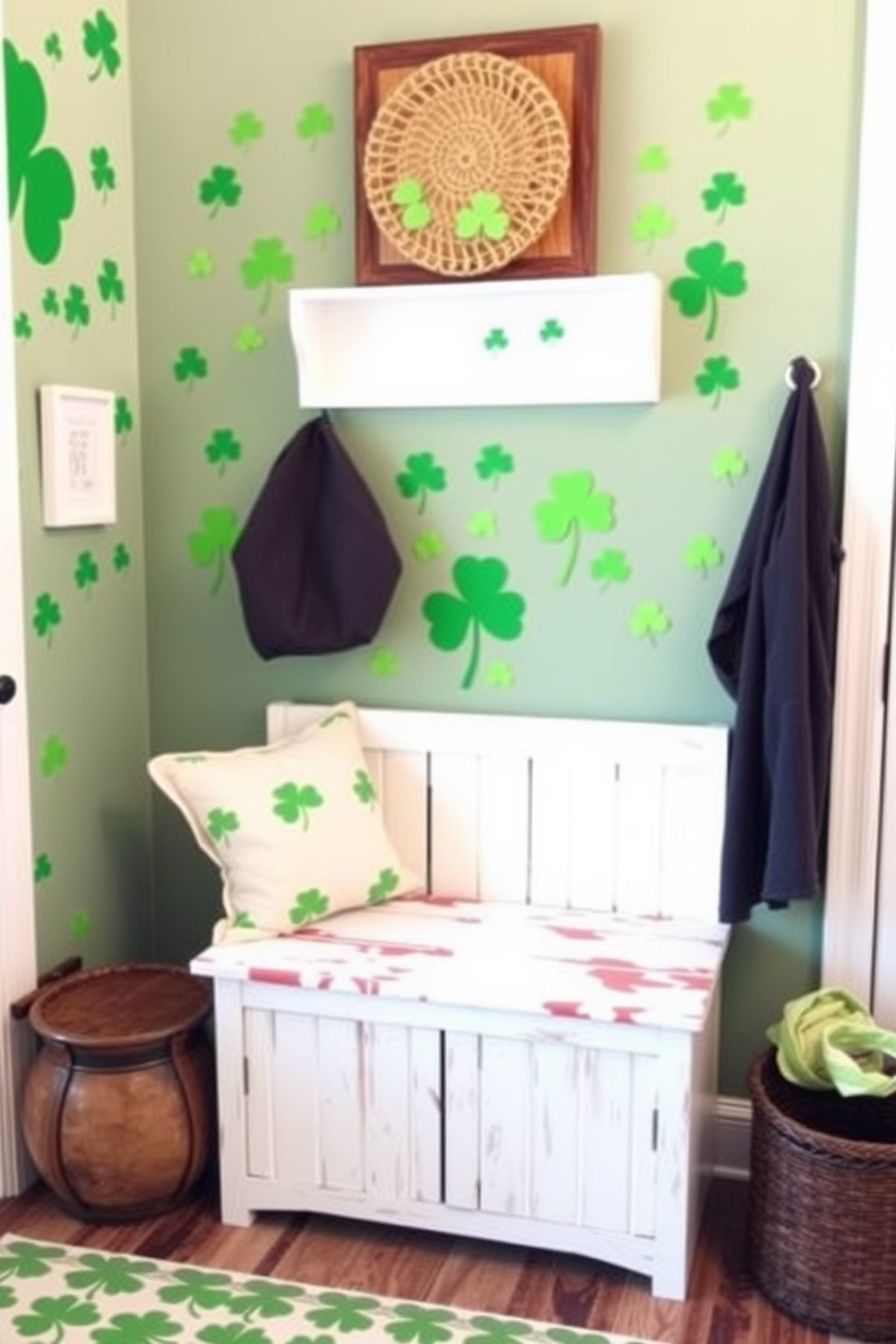 A charming mudroom adorned with vibrant shamrock wall stickers, creating a festive atmosphere for St. Patrick's Day. The space features a rustic bench with storage underneath, complemented by a cheerful green and white color palette.