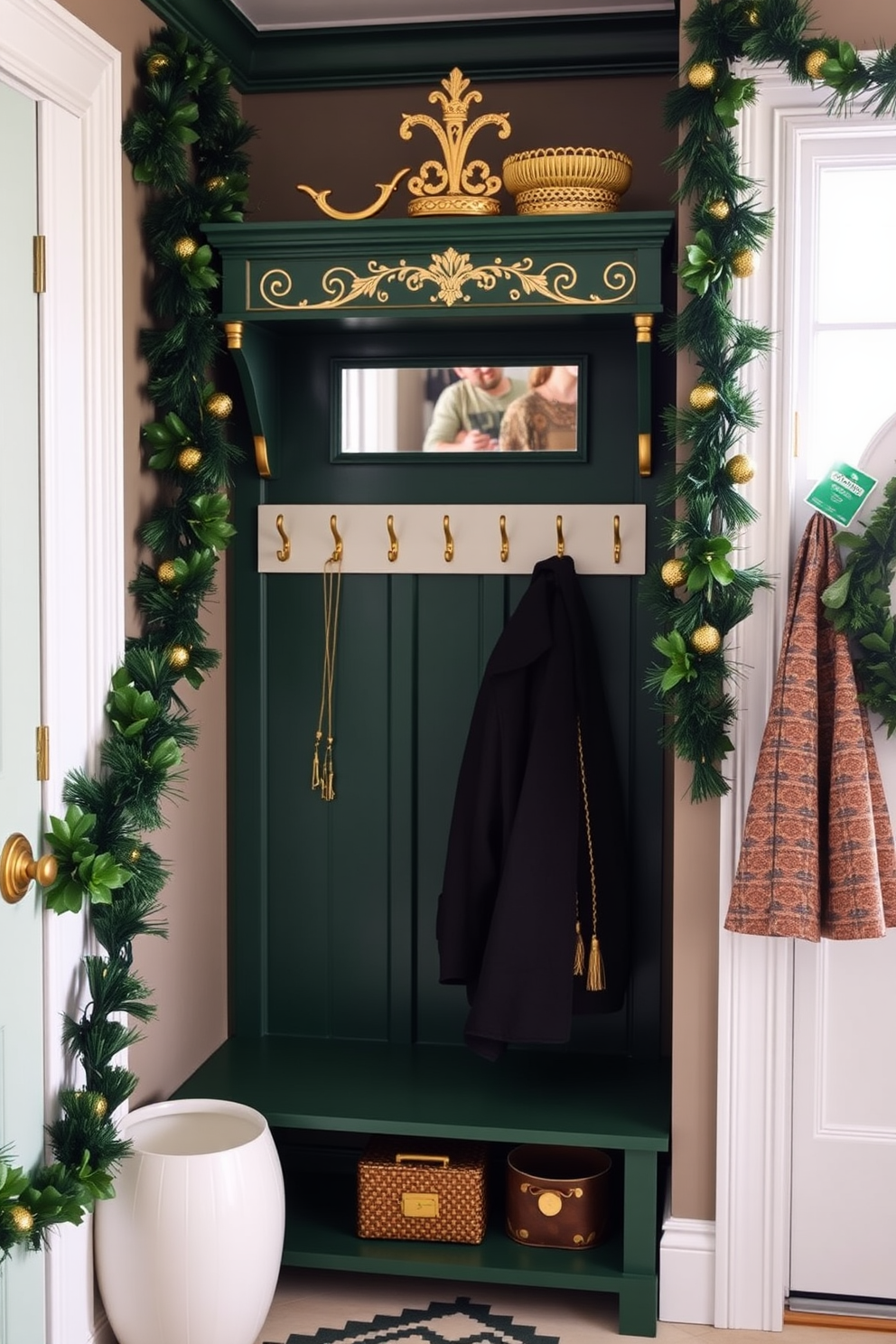 A stylish mudroom features a green and gold coat rack, elegantly designed with intricate detailing and ample hooks for hanging coats and accessories. The space is adorned with festive St. Patrick's Day decorations, including green garlands and gold accents that create a warm and inviting atmosphere.