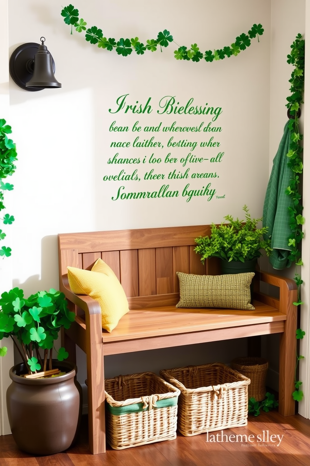 A charming mudroom adorned with an Irish blessing wall decal, elegantly scripted in a rich green hue. The space features a rustic bench with woven baskets underneath, surrounded by cheerful St. Patrick's Day decorations, including shamrock garlands and vibrant green accents.