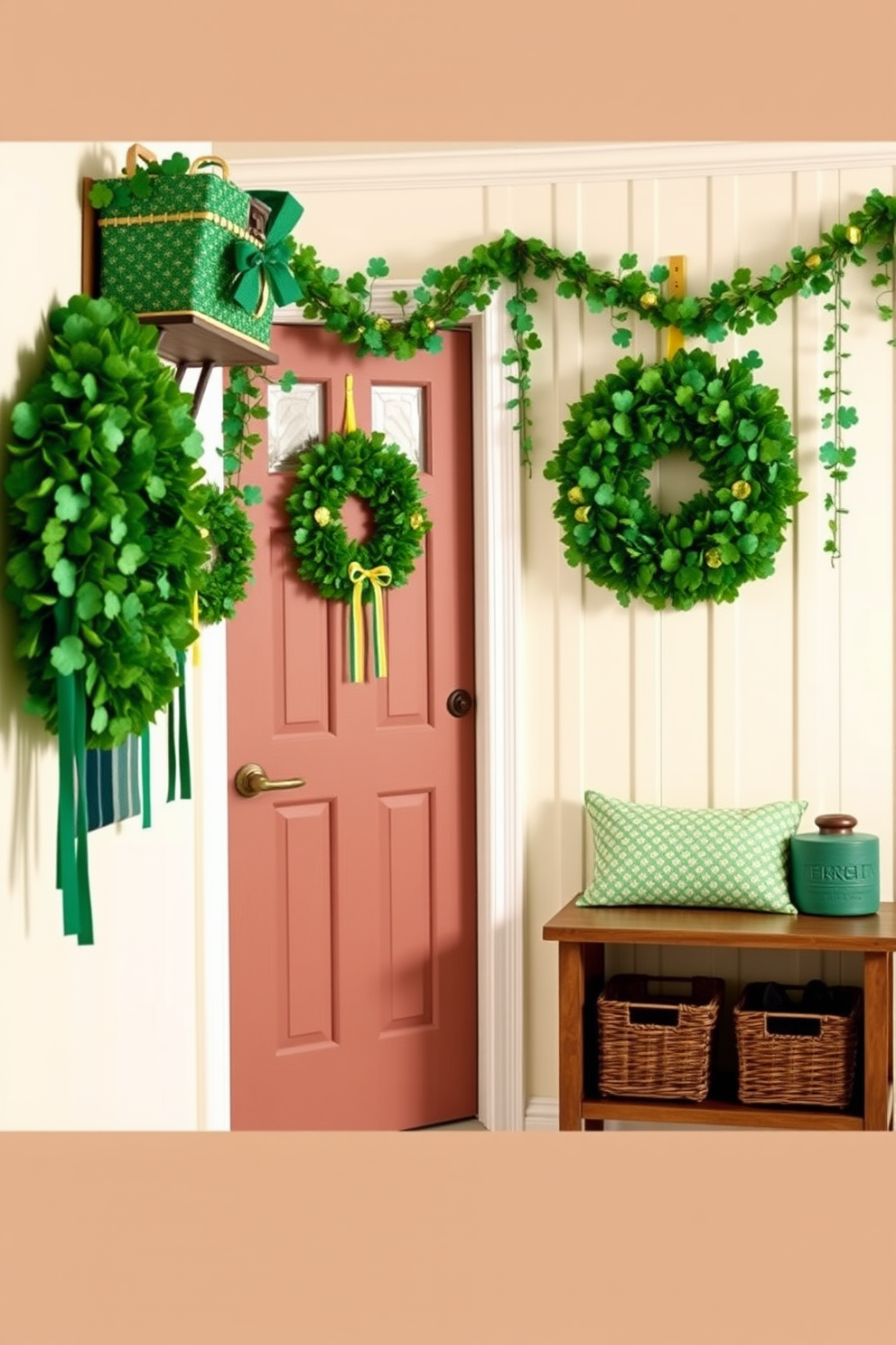 A cozy mudroom adorned with green and gold baskets, perfect for organizing shoes and outdoor gear. The walls are painted a soft cream, and a rustic bench with a rich wood finish provides a welcoming spot to sit. St. Patrick's Day decorations include cheerful garlands of shamrocks hanging from the ceiling. A vibrant green wreath with golden accents adorns the door, inviting guests to celebrate the holiday in style.