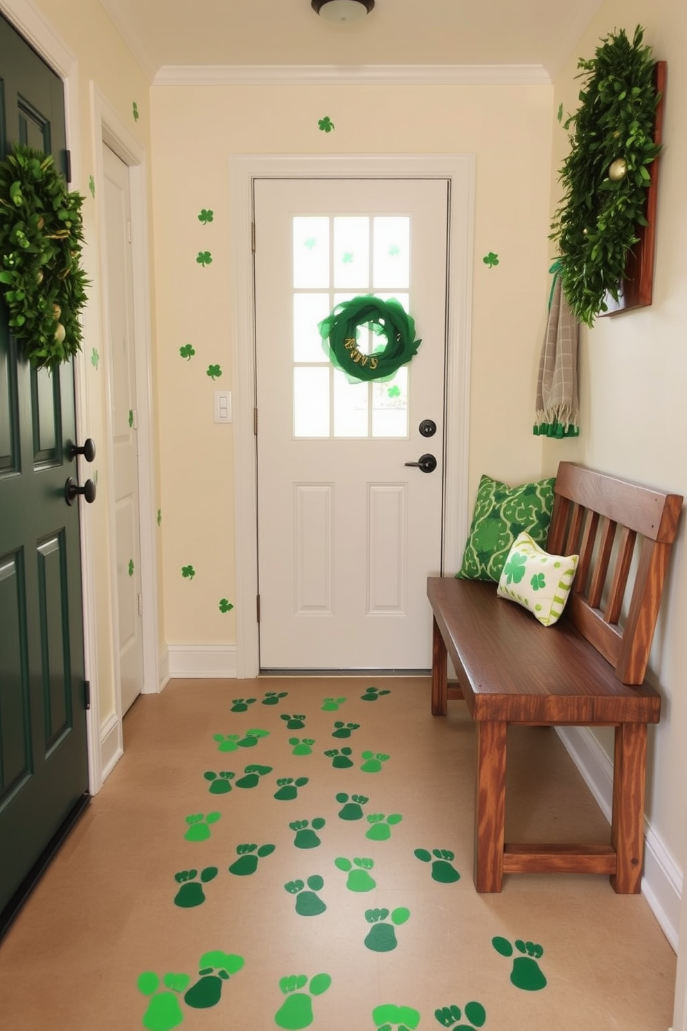 A whimsical mudroom adorned with leprechaun footprint stickers leading to the entrance, creating a playful atmosphere for St. Patrick's Day. The walls are painted a soft cream, and a rustic wooden bench is positioned against one side, decorated with green and gold accents to enhance the festive spirit.