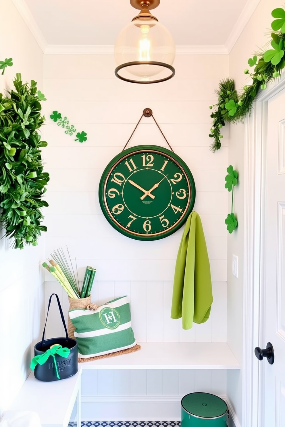 A stylish mudroom featuring a green and gold wall clock that adds a touch of elegance to the space. The walls are adorned with festive St. Patrick's Day decorations, including shamrock garlands and cheerful green accents.