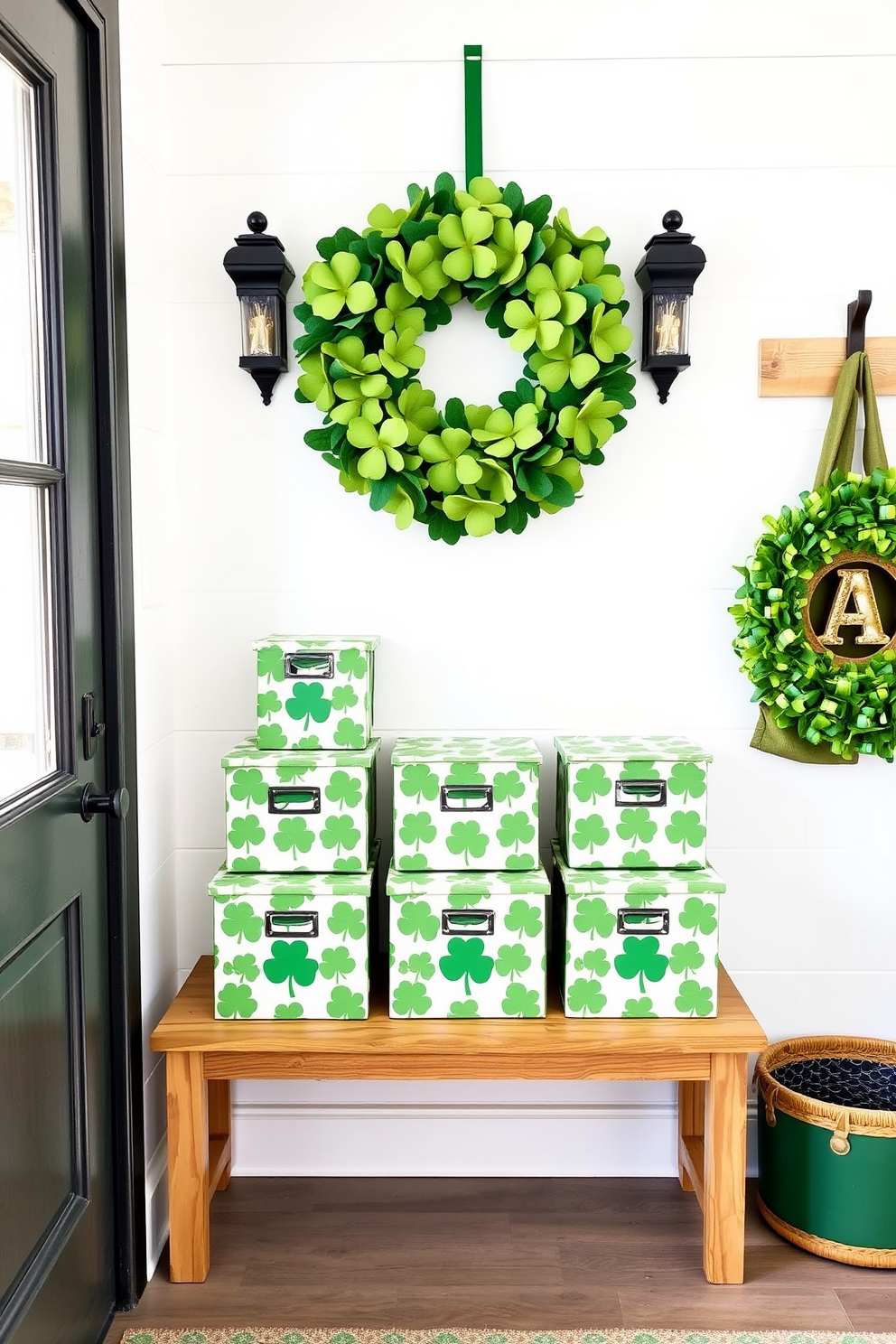 A charming mudroom decorated for St. Patrick's Day features shamrock-patterned storage boxes neatly arranged on a rustic wooden bench. The walls are adorned with festive green and gold accents, while a cheerful wreath made of shamrocks hangs on the door, inviting guests into the space.