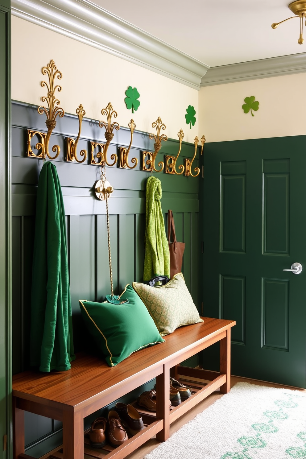 A charming mudroom decorated for St. Patrick's Day features a series of elegant green and gold wall hooks, perfect for hanging coats and bags. The walls are adorned with festive shamrock accents, and a cozy bench with plush cushions invites guests to sit and remove their shoes.