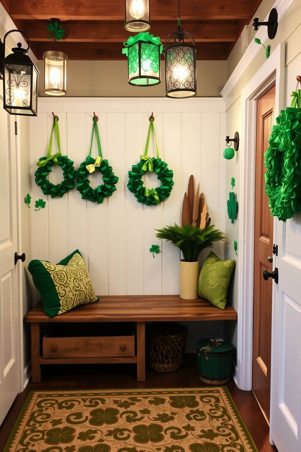 A charming mudroom adorned with Irish-themed lanterns. The space features a rustic wooden bench with green and gold accents, complemented by decorative lanterns hanging from the ceiling, casting a warm glow. St. Patrick's Day decorations include vibrant green wreaths on the doors and playful shamrock motifs scattered throughout. A cozy area rug with Celtic patterns adds a touch of warmth and festivity to the room.