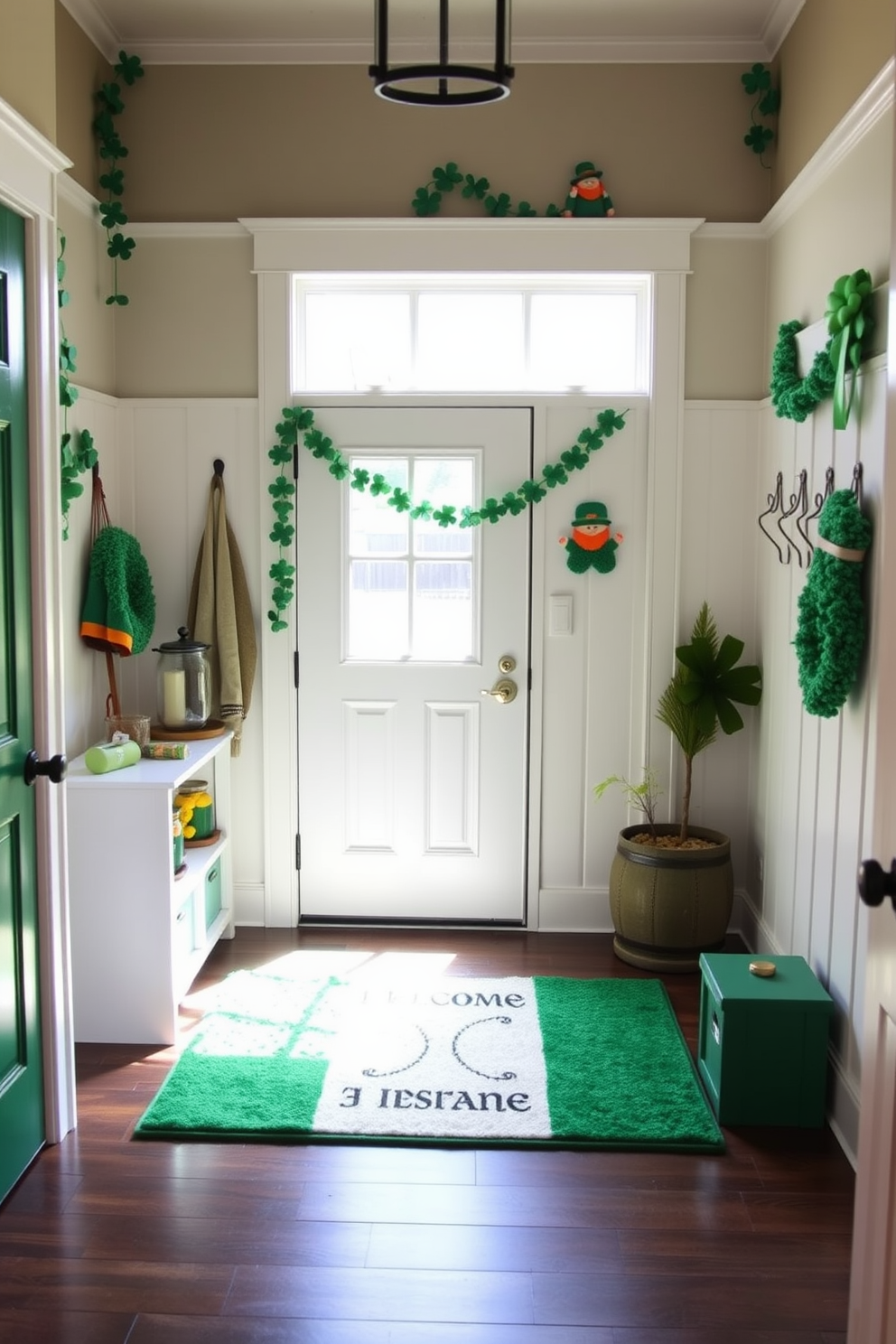 A charming mudroom features an Irish flag welcome mat at the entrance, inviting guests with its vibrant green, white, and orange colors. The walls are adorned with festive St. Patrick's Day decorations, including shamrock garlands and whimsical leprechaun figurines, creating a cheerful and welcoming atmosphere.