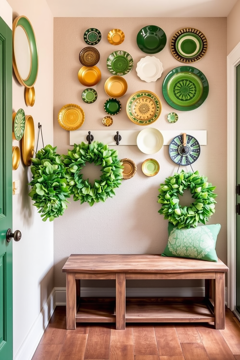 A stylish mudroom featuring an array of green and gold decorative plates displayed on a textured wall. The space is enhanced with a rustic bench, and a vibrant St. Patrick's Day wreath adorns the door, welcoming guests with festive charm.