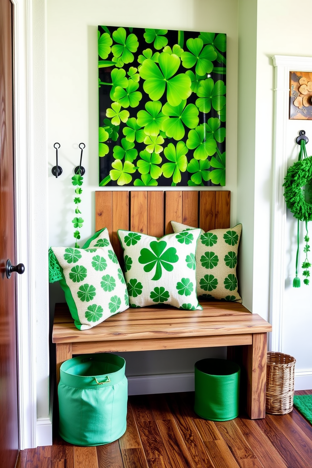 Create a cozy mudroom adorned with lucky clover wall art, featuring a large canvas print of vibrant green clovers that instantly brighten the space. Incorporate a rustic bench with storage underneath and a series of hooks for hanging coats, all accented with cheerful St. Patrick's Day decorations like garlands of shamrocks and green throw pillows.