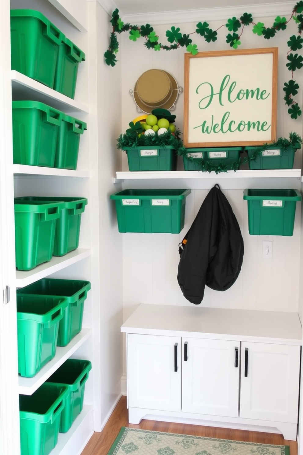 A bright and organized mudroom featuring green storage bins neatly arranged along the walls. Each bin is labeled for easy access, and the space is adorned with festive St. Patrick's Day decorations, including shamrock garlands and a cheerful welcome sign.