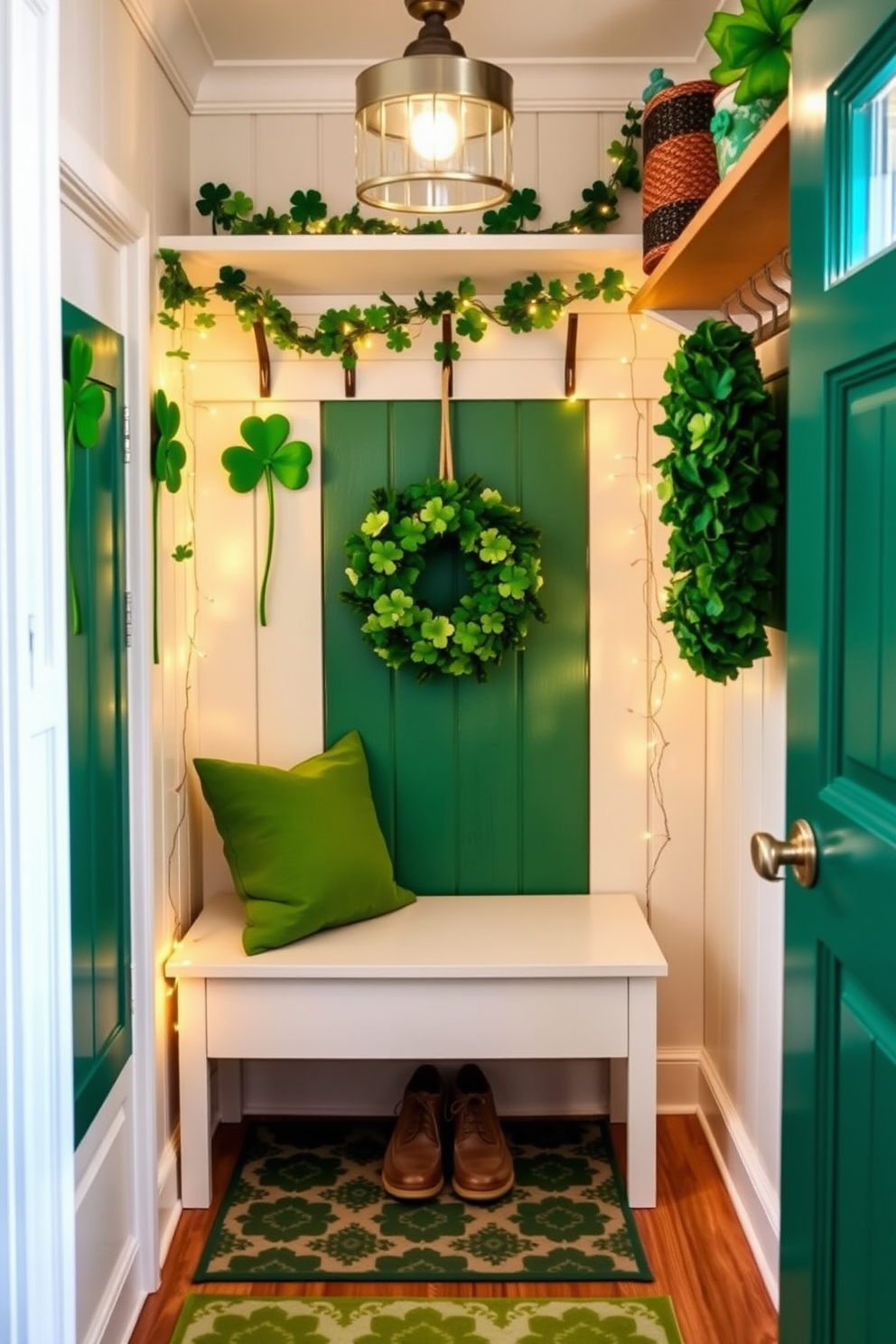 A cheerful mudroom decorated for St. Patrick's Day features vibrant green and gold accents. Hooks shaped like shamrocks hang on the wall, adorned with festive garlands of clovers and twinkling fairy lights. The floor is covered with a cozy, patterned rug in shades of green, creating a welcoming atmosphere. A small bench with green cushions provides a perfect spot for putting on shoes, while a decorative wreath of shamrocks hangs on the door.