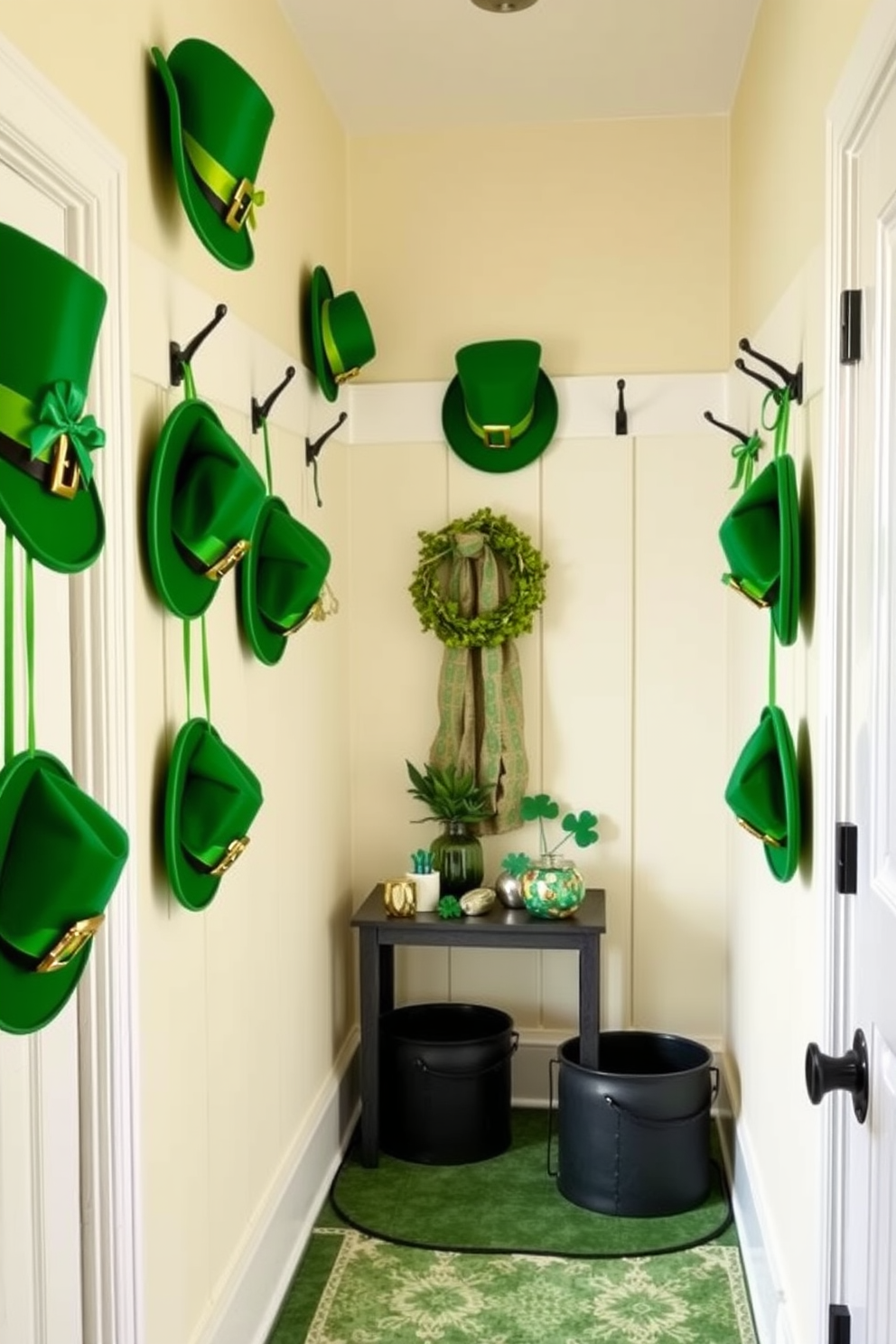 A charming mudroom adorned with festive Leprechaun hat decorations. The walls are painted a soft cream, and the floor is covered with a durable, patterned rug that adds a touch of whimsy. Hanging from hooks are vibrant green Leprechaun hats, each embellished with gold buckles and playful ribbons. A small table in the corner showcases a collection of shamrock-themed decor, enhancing the St. Patrick's Day spirit.