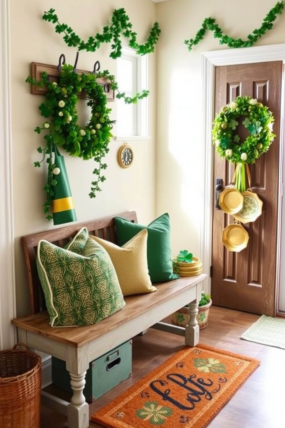 A cozy mudroom adorned with green and gold throw pillows on a rustic bench, creating a welcoming atmosphere. The walls are painted in a soft cream, and a vintage coat rack stands beside the bench, decorated with festive St. Patrick's Day garlands and shamrocks. For St. Patrick's Day, the mudroom features a playful arrangement of green accents, including a vibrant wreath on the door and gold accents in the form of decorative trays. A cheerful welcome mat with a festive design completes the look, inviting guests into a space filled with holiday spirit.